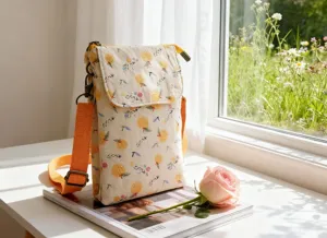 Floral cotton fabric crossbody phone bag with orange pattern, pastoral style shoulder bag.
