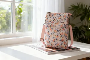 Close-up detail of the floral fabric crossbody phone bag, soft pink strap, cozy indoor view.