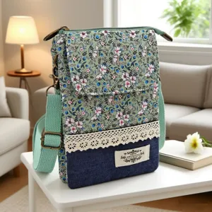 Floral Canvas Crossbody Phone Bag Multi-Layer Small Shoulder Bag Casual Pastoral Style Messenger Bag For Women Girls