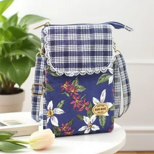 Floral print cotton crossbody phone bag with plaid flap and lace trim for women daily use.