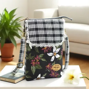 Pastoral fabric crossbody phone bag, black plaid flap, floral print shoulder bag for women.