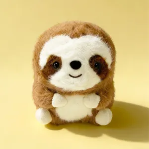 Close-up of a cute round brown and white sloth plush toy with fluffy texture and sweet smile.