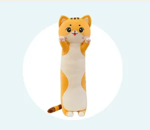 Detailed view of the cute long cat plush body pillow, soft stuffed animal sleep toy.