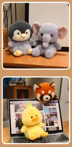 Set di peluche carini tra cui pinguino, elefante, panda rosso e paperella gialla.