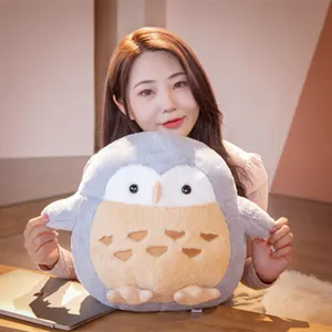 Cute round owl plush toy detail view, soft stuffed animal doll pillow for kids gift wholesale.