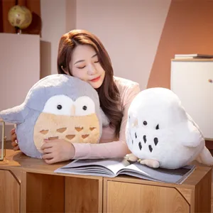 Round owl plush toy cute stuffed animal pillow for kids and home decor detail view.
