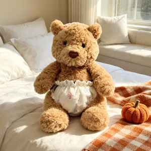 Plush teddy bear detail shot, cute brown stuffed animal wearing patterned fabric diaper outfit.