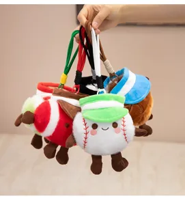 Cute sports ball plush pendant details, soft material with cute cap and limbs design for bag decoration.