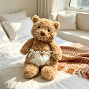 Fluffy brown teddy bear plush toy with cute printed shorts, soft stuffed animal doll for kids.