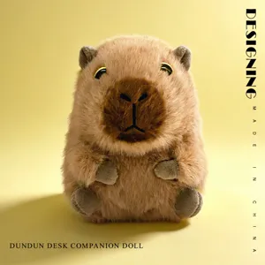 Cute capybara plush toy detail view, soft stuffed animal desk companion decoration for room.