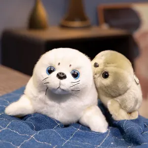 Adorable simulation seal plush toy close-up, soft stuffed animal for kids and home decor.