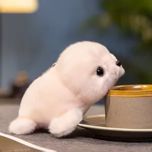 Detailed shot of cute white plush seal toy, soft fluffy texture, perfect for kids gift and room decor.