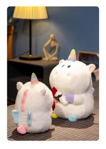 Cute unicorn plush toy holding a rose detail shot, soft fluffy stuffed doll for gift and decor.
