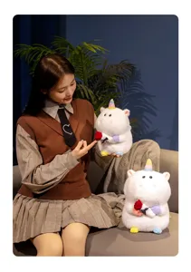 Detailed shot of cute unicorn plush toy holding red rose, soft material and lovely design for gift.
