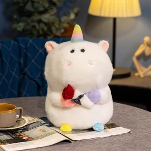Cute plush unicorn doll toy holding red rose, soft stuffed animal gift for girls and kids.