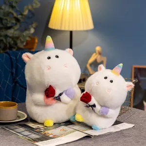 Cute unicorn plush toy holding a red rose, soft stuffed animal for Valentine's day gift.
