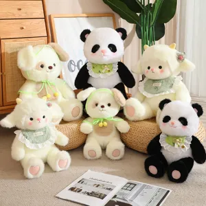 Schattige pluche speelgoedset met lieve panda's, lammetjes en puppy's met kanten slabben.