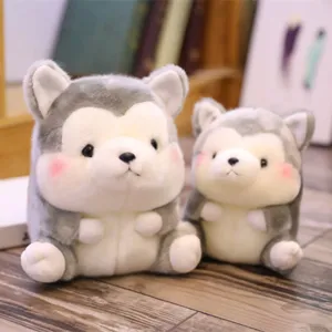 Cute grey and white round husky plush toy close-up detail, soft material and sweet expression.