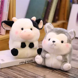 Cute round stuffed animal plush toy cow and husky doll for kids festival birthday gift