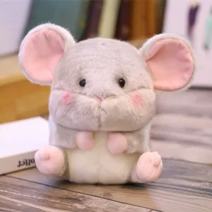 Cute grey mouse plush toy with big pink ears and soft chubby body detail shot display.
