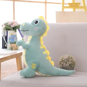 Cute green dinosaur plush toy detail showing soft stuffing and cute expression for kids and room decor.
