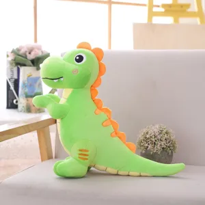 Cute green dinosaur plush toy detail view, soft down cotton stuffed doll pillow for kids and boys.