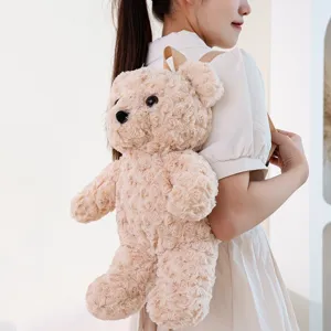 Zaino orsetto peluche rosa carino, borsa scolastica animale cartone animato soffice.