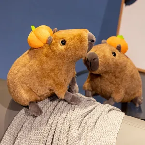Cute Capybara Plush Toy Stuffed Animal Doll Soft Simulation Capibara with Pumpkin Decor Hugging Pillow Gift