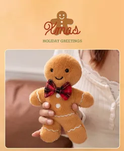 Christmas gingerbread man plush toy doll with plaid bow tie cute holiday gift decoration