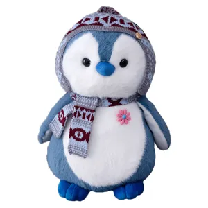 Cute penguin plush toy stuffed animal with winter knit hat and scarf for kids and girls main