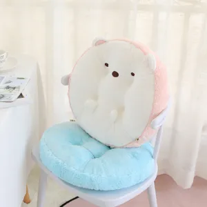 Cute cartoon animal plush chair cushion set with pink backrest and blue seat pad for home.