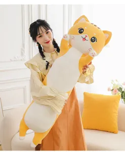 Cute long cat plush toy pillow for girls sleeping, soft stuffed animal doll for bed cozy.