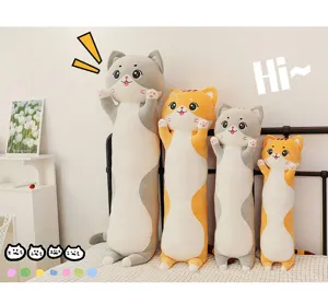 Cute long cat plush pillow detail view, soft stuffed animal toy for bedroom bed decoration.