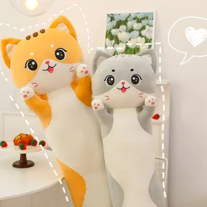 Cute long cat plush pillow soft sleeping body toy for girls bedroom comfort cuddle doll.