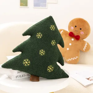 Cuscino in peluche albero di Natale con ricamo fiocco, decorazione festiva morbida.