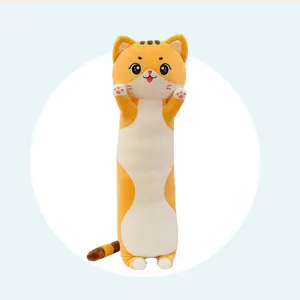 Cute long cat plush pillow soft sleeping toy for girls bed decoration and comfort hug.