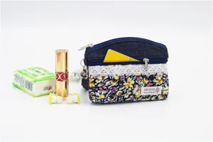 Floral denim coin purse with lace trim, double zipper pouch detail view showing compact size.