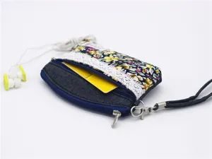 Fabric coin purse detail showing floral pattern, denim patchwork, and delicate lace trim.