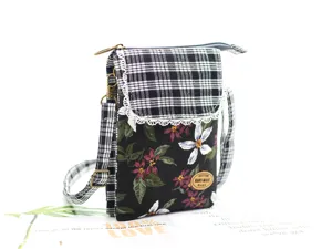 Cotton plaid floral crossbody phone bag with multi-layer storage and secure zipper closure.
