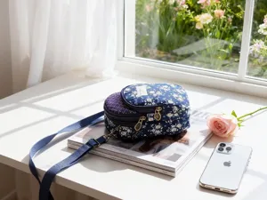 Florale mehrlagige Umhängetasche für Handys, Detailansicht mit Reißverschluss und Schultergurt.