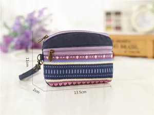 Ethnic style canvas coin purse with double zippers, compact wristlet wallet for women.