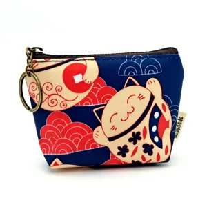 Schattige Japanse gelukskat patroon canvas portemonnee met rits en handige sleutelhanger.