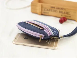 Denim coin purse with wrist strap and floral pattern, small card holder pouch for women.