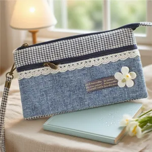 Τσάντα clutch από denim με μοτίβο houndstooth, δαντέλα και διπλό φερμουάρ για γυναίκες.