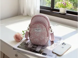 Rosa florale Umhängetasche für Damen, mehrlagige stilvolle kleine Handytasche mit verstellbarem Gurt.