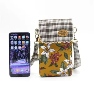 Cotton floral crossbody phone bag with plaid flap, vintage small shoulder bag for women.