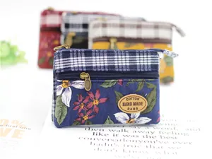 Multi-layer cotton coin purse with zipper, floral and plaid pattern mini wallet for women.