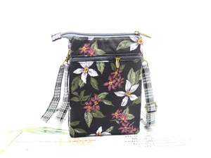 Floral pattern canvas crossbody bag for women, multi-layer zipper cell phone shoulder bag.