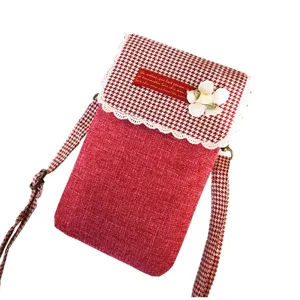 Red houndstooth crossbody phone bag with lace trim, linen fabric daily cute mobile pouch.