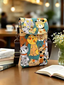 Canvas crossbody cell phone bag with cute cartoon cat pattern for women everyday use.